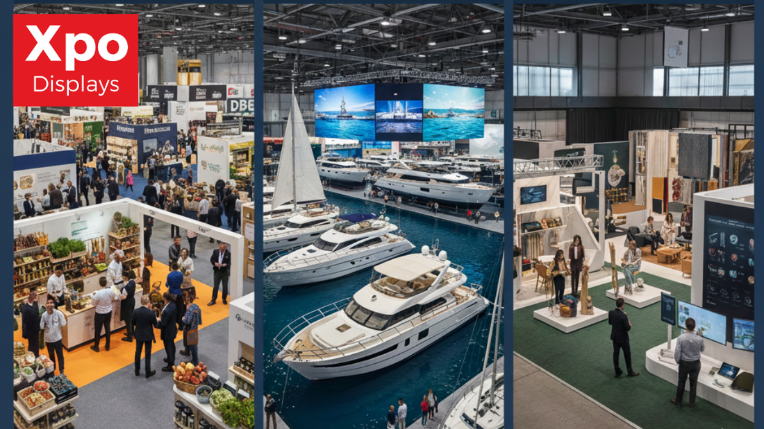 Infographic of top UK trade shows 2025: NEC Food Expo, ExCeL Boat Show, and Olympia Design Festival.