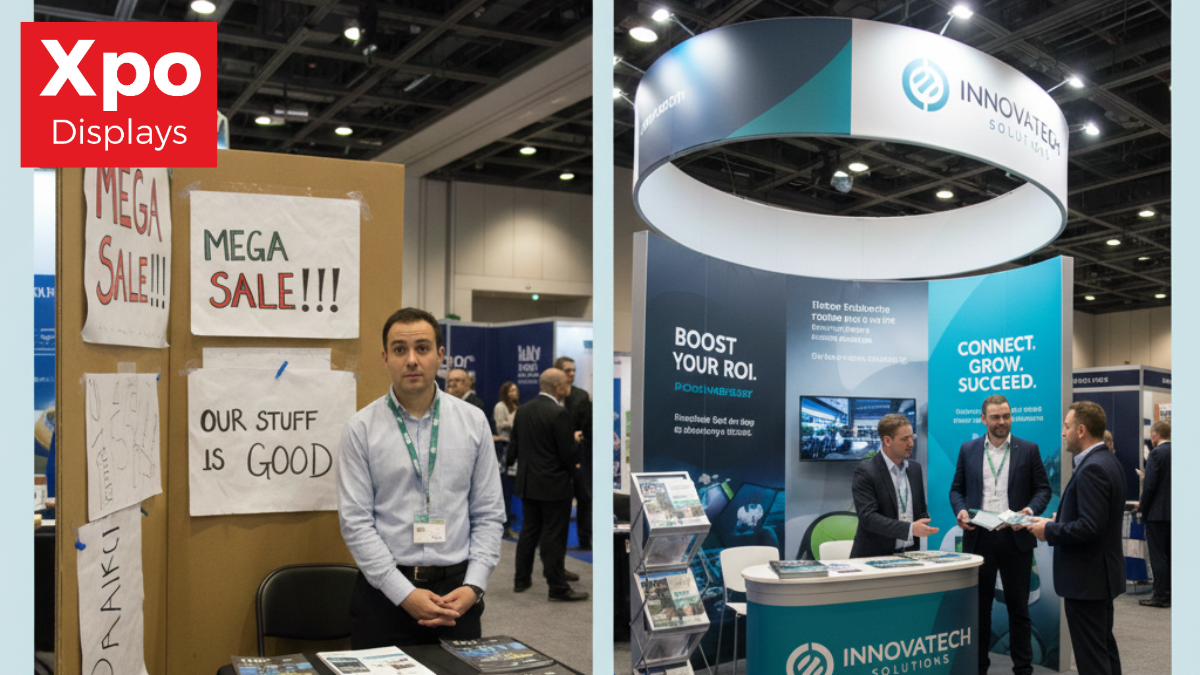Split image showing a comparison between a homemade, low-cost DIY trade show booth and a professionally designed, high-conversion exhibit stand.