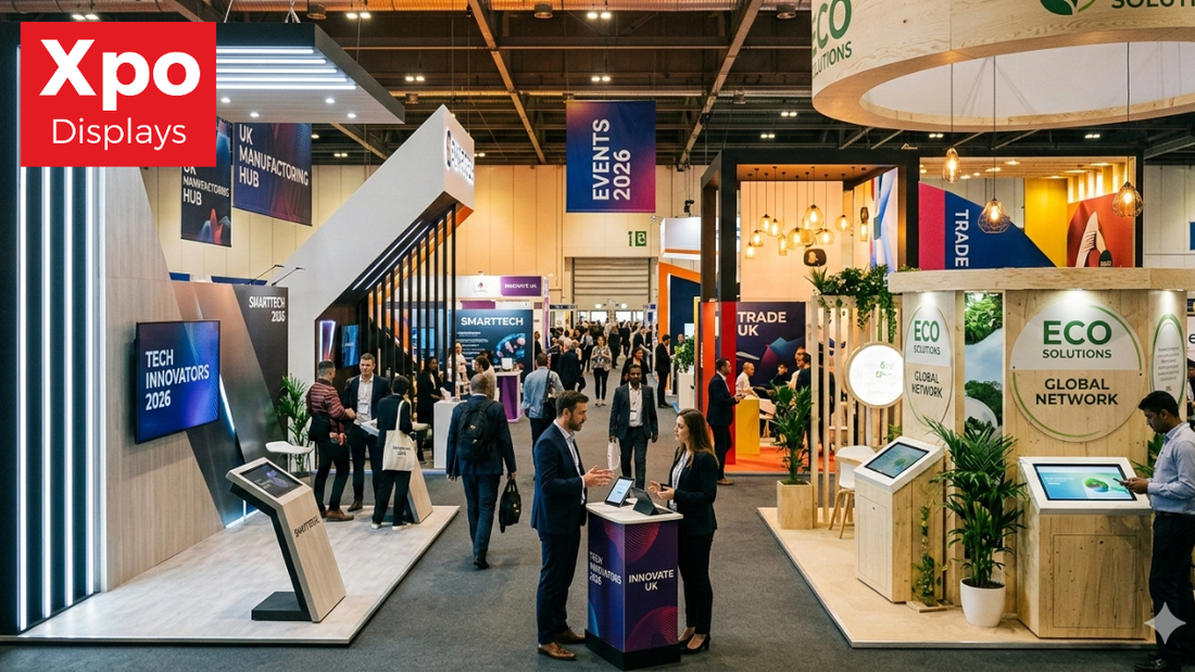 Modern exhibition stand design with modular display systems at a busy UK trade show in 2026.