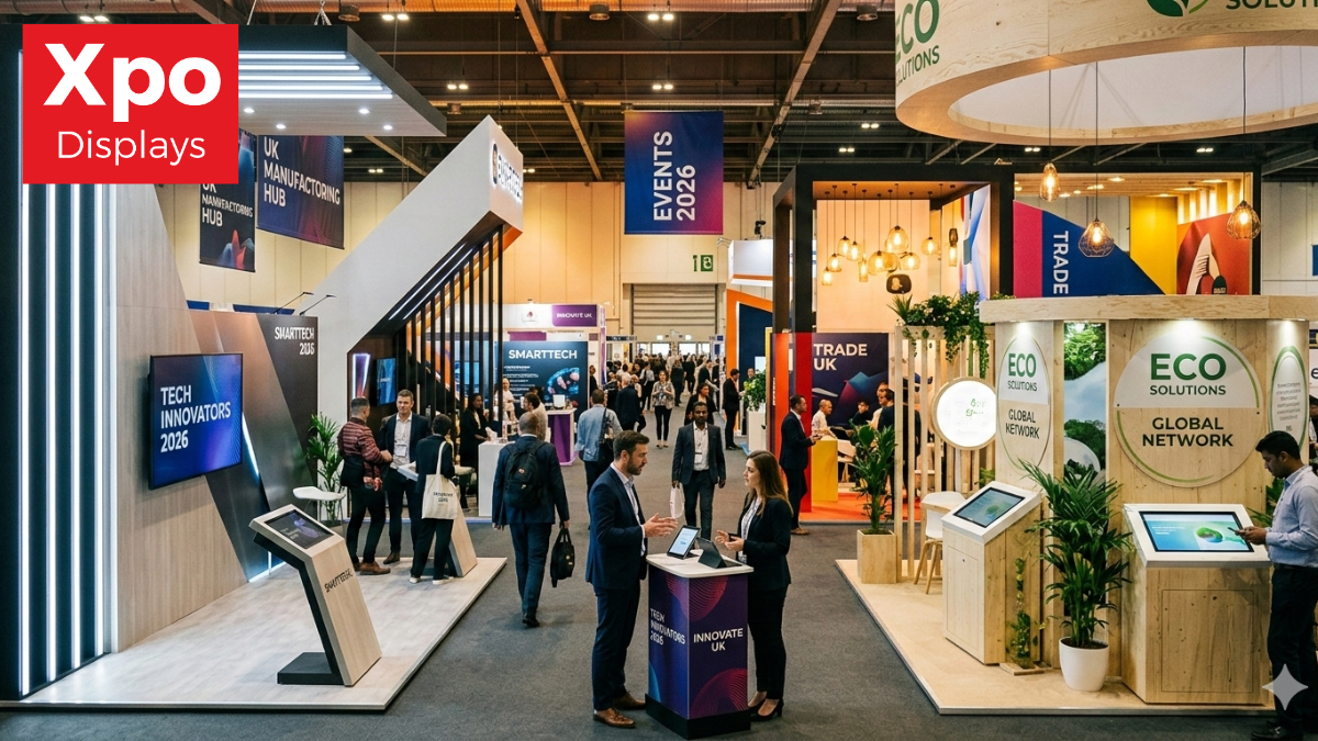 Modern exhibition stand design with modular display systems at a busy UK trade show in 2026.