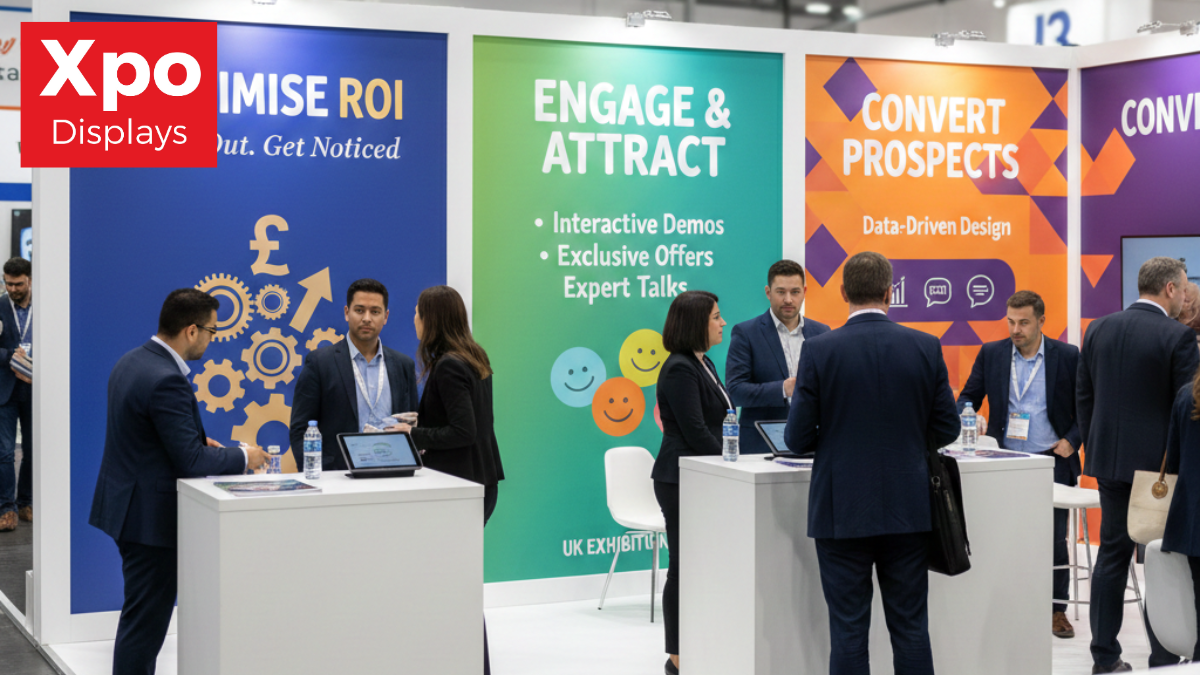 rade show booth design for UK exhibitions showing effective graphics, typography, and layout for lead conversion.