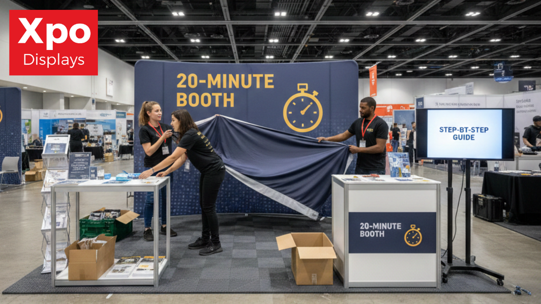 Three team members setting up a professional trade show booth display quickly in a convention center, with a timer showing under 20 minutes for a fast event installation guide.