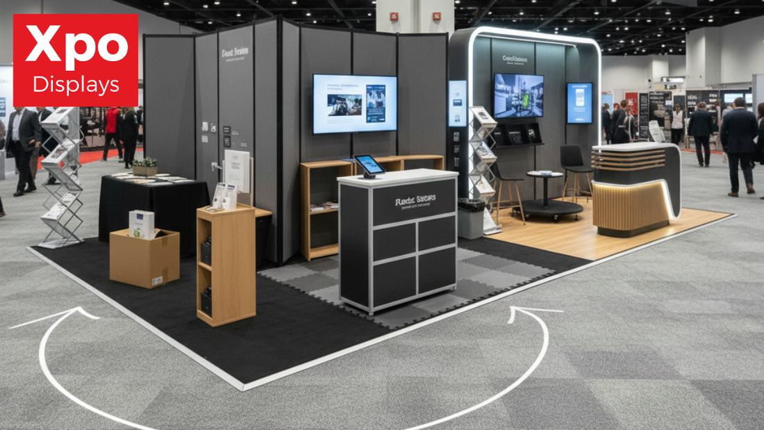A shot of a exhibition show floor featuring diffrent setups representing alternative budget tiers
