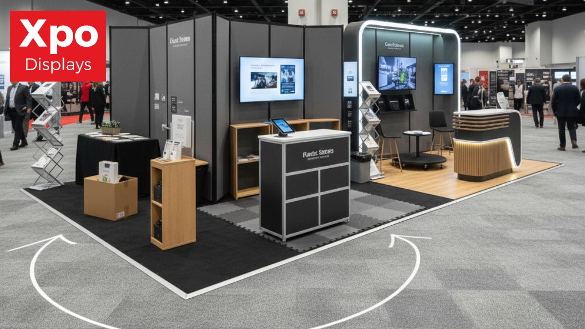 A shot of a exhibition show floor featuring diffrent setups representing alternative budget tiers