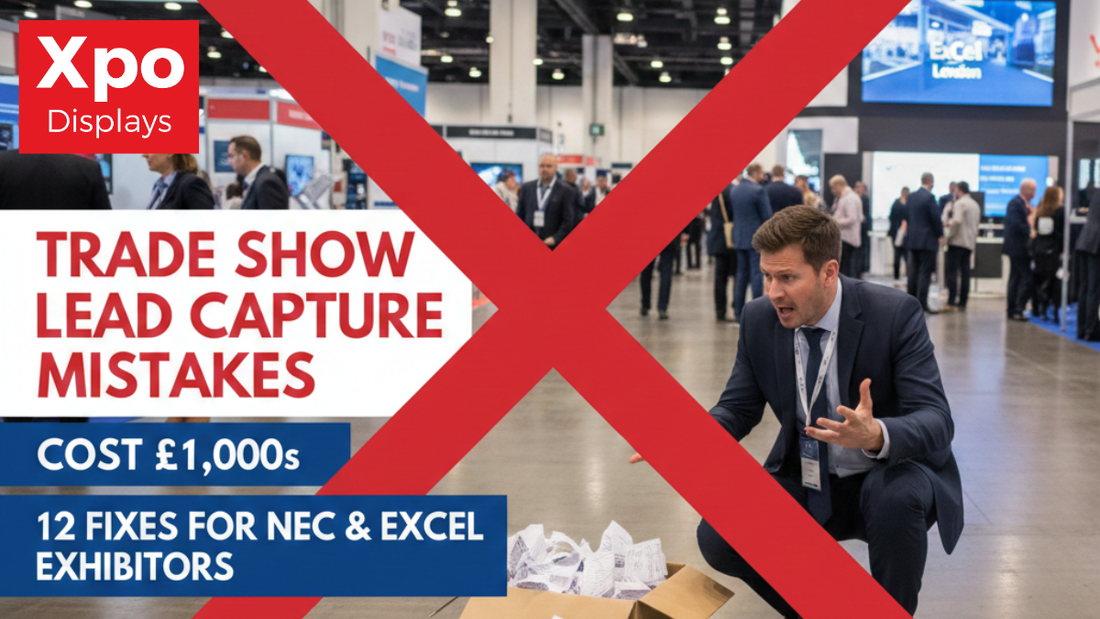 Frustrated trade show exhibitor with a messy box of scattered paper leads at a venue, representing common lead capture mistakes that cost businesses thousands.
