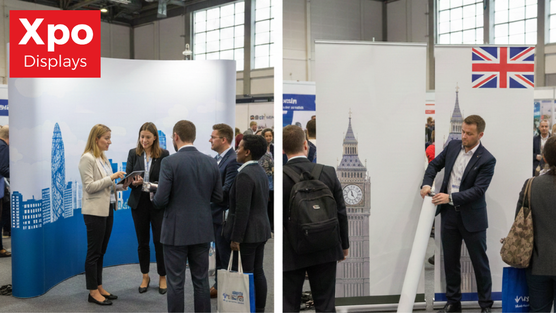 Side-by-side comparison of exhibition equipment at a trade show: a large curved pop-up display stand with a group of professionals networking on the left, and a portable roll-up banner being set up on the right.