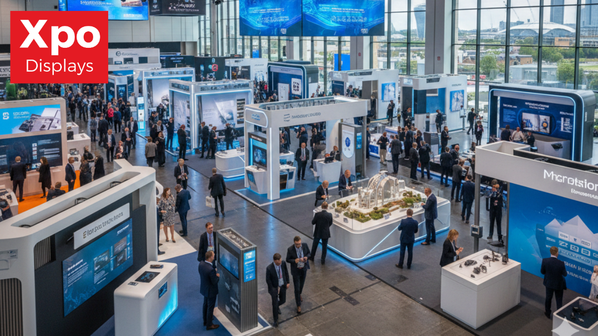 A wide-angle, high-perspective shot of a bustling, modern B2B trade show exhibition hall with sleek white modular stands, professional lighting, and attendees walking through the aisles, showcasing a clean, professional industry aesthetic