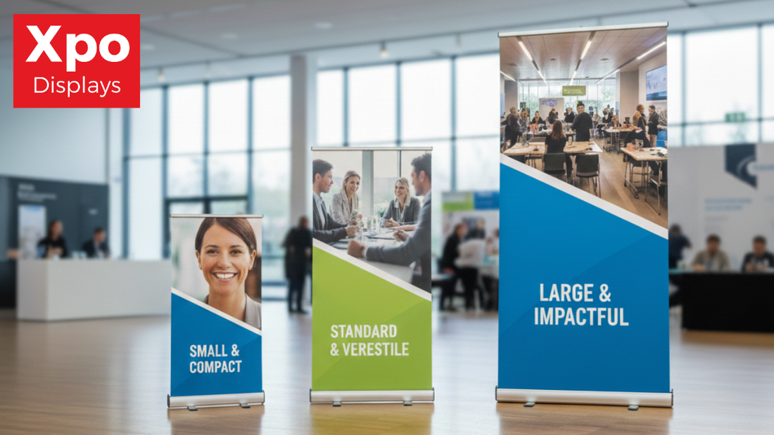 Comparison of roller banner sizes for events, showing small, standard, and large banner stands in a convention center setting.